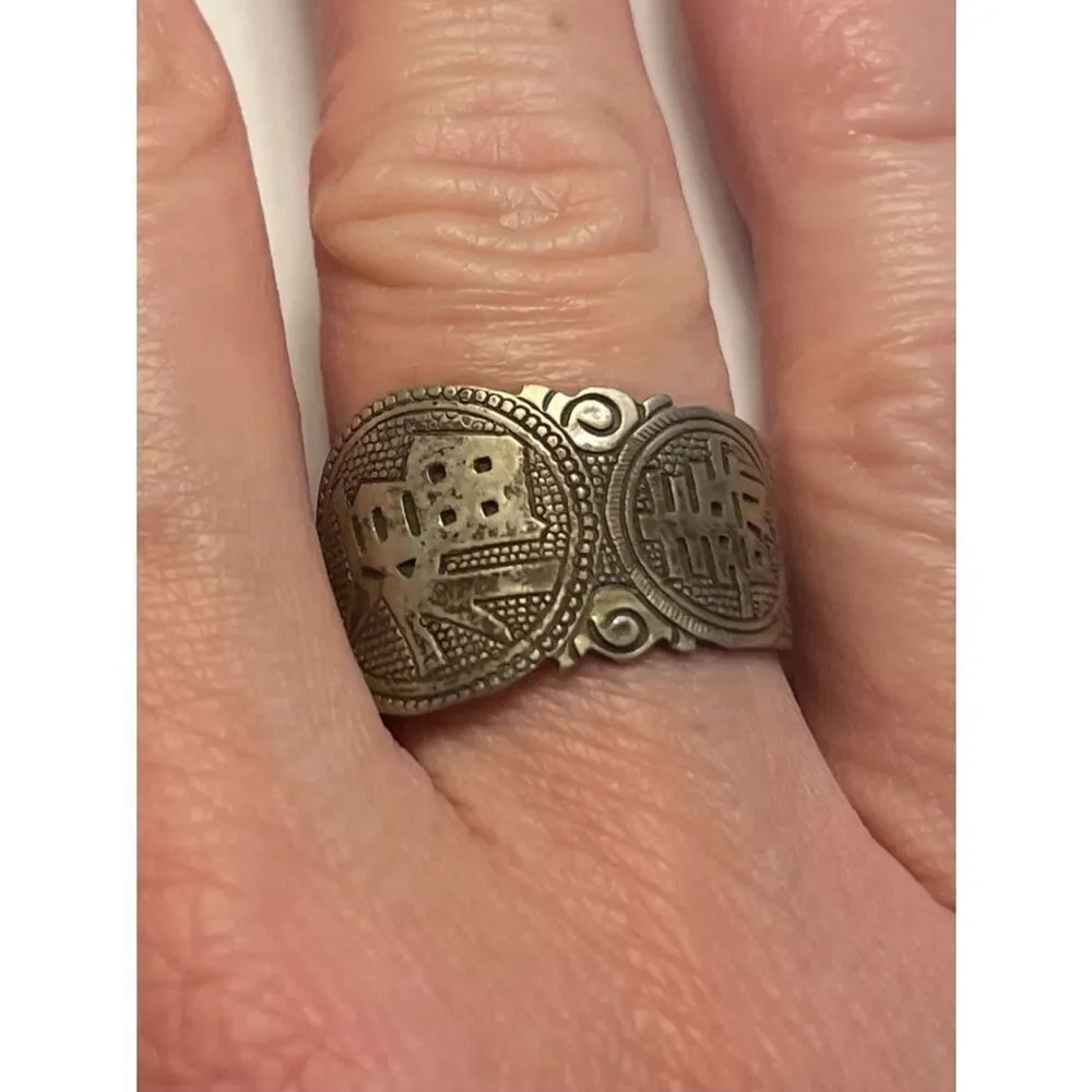 Spoon Ring - Vintage Coin Motif Silver Wide Band Ring Asian Characters